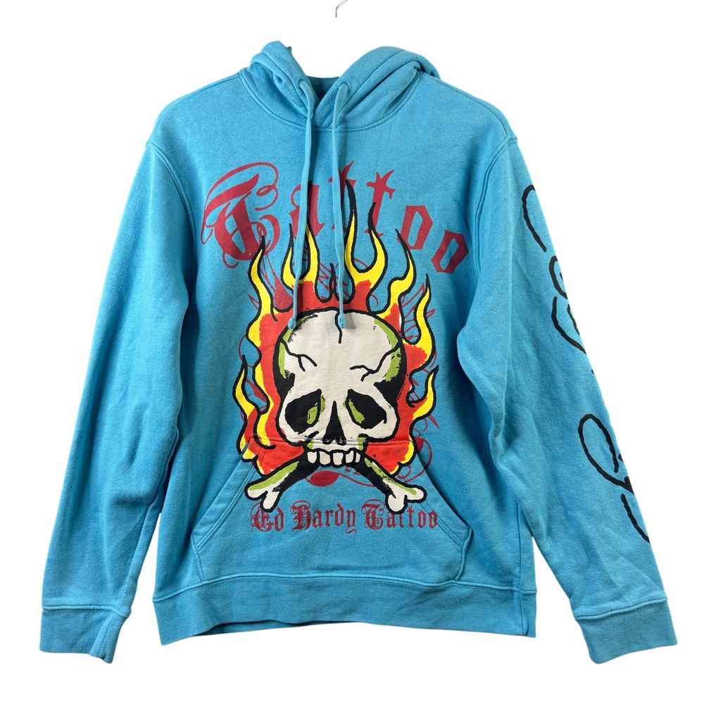 Ed Hardy Mens Women Blue Tattoo Graphic Skull Flame Hoodie S EHM1300-54 Long Slv